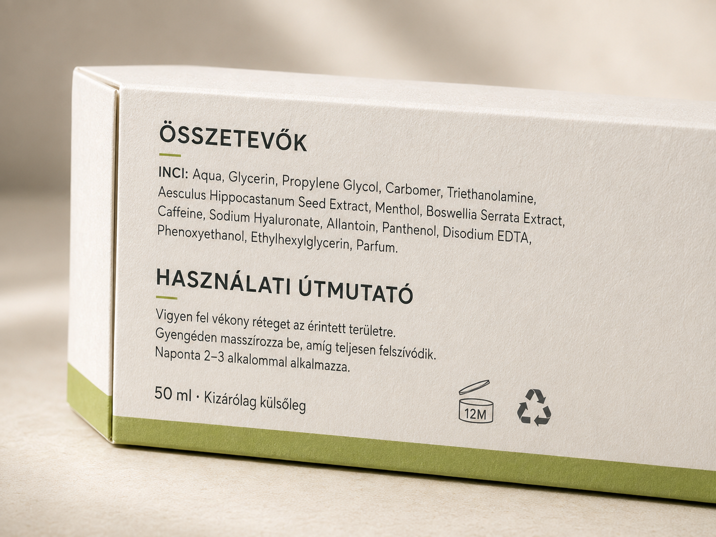 Az IRONSKIN doboz oldala az összetevőlistával és a használati útmutatóval